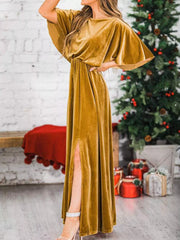 Slit Round Neck Flutter Sleeve Velvet Maxi Dress