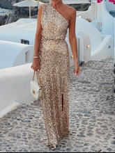 Sequin One-Shoulder Slit Maxi Dress