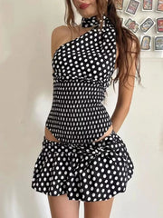 Polka Dot One-Shoulder Top and Mini Skirt Set