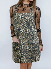 Leopard Print Denim Overall Dress