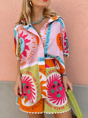 Printed Button Up Shirt and Shorts Set