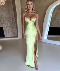 V-neck Satin Slit Backless Long Dress