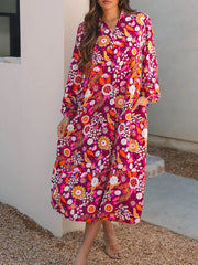 Floral Print Long Sleeve Midi Dress with Pockets