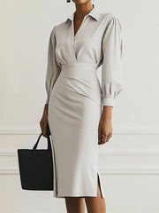 Ruched Midi Shirt Dress with Side Slit