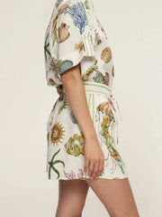 Printed Button Up Shirt and Shorts Set