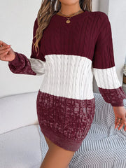 Color Block Cable Knit Sweater Dress with Textured Pattern