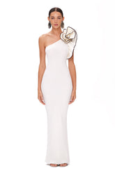 Retha One-shoulder White Flower Black Hook Dress