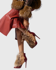 Sadiya Faux Fur Lace Up Sandals In Red