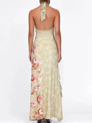 Floral Print Halter Neck Ruched Maxi Dress