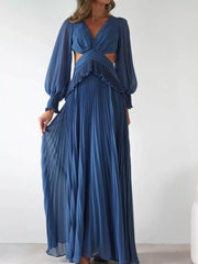 Backless Pleated Long Sleeve Maxi Dress