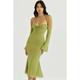 Ladies White Halter Tie One Shoulder Long Sleeve Dress
