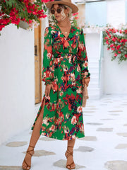 Printed Surplice Long Sleeve Midi Dress