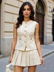 Tweed Button-Front Vest and Pleated Skirt Set