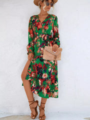 Printed Surplice Long Sleeve Midi Dress