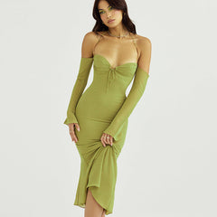 Ladies White Halter Tie One Shoulder Long Sleeve Dress