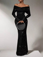 Off-Shoulder Glitter Evening Maxi Dress