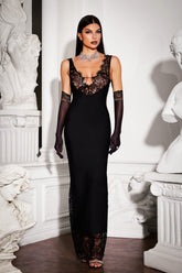 MARIAN GORGEOUS DEEP V NECK MAXI DRESS-BLACK