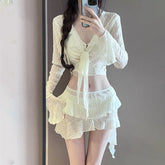 Swimsuit Mesh Long Sleeve Front Tie Cover Up Skirt 4 Piece Bikinis Sets