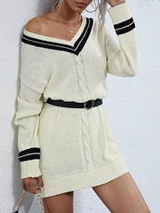 V-Neck Striped Trim Cable Knit Sweater Dress