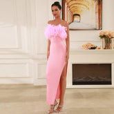 Elegant Pink Strapless Feather Maxi Bandage Dress