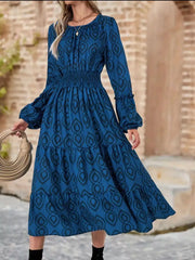 Smocked Round Neck Balloon Sleeve Midi Dress