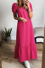 SYNZ Gingham Check Bubble Sleeve Ruffled Maxi Dress