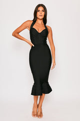 Alyia-Black Halterneck Fishtail Bandage Dress
