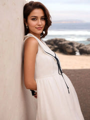 Nautical V-Neck Sleeveless Midi Dress with Contrast Trim