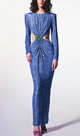Lesya Round Neck Flower Waist Button Sequin Dress-Blue