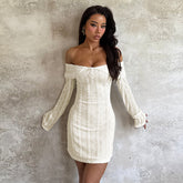 Chic Off Shoulder Backless Lace-Up Long Sleeve Mini Dress