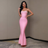 Chic Occasional Event Beaded Maxi Bandage Dress-Pink
