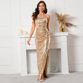 Chic Sequin Gold Maxi Split Dress