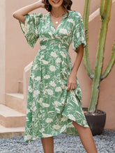 Printed V-Neck Flutter Sleeve Midi Dress