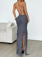 Ruffle Hem Lace Up Bodycon Cami Dress