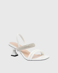Cahya Rhinestone Strap Flared Heels In White