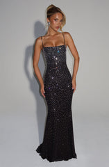 ALEKA ELEGANT BACKLESS RHINESTONE MAXI DRESS