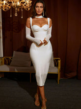 Cold-Shoulder Mesh Sleeve Slit Back Bodycon Dress-White