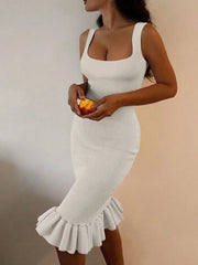 Ribbed Knit Bodycon Midi Dress with Ruffle Hem