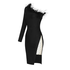 Fur One-shoulder Mesh Dress