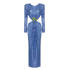 Lesya Round Neck Flower Waist Button Sequin Dress-Blue