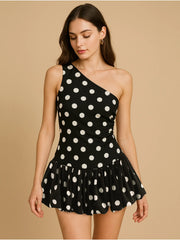 One-Shoulder Polka Dot Mini Dress