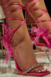 Fuchsia Strappy Stiletto Beaded High Heel Sadnals With Feather