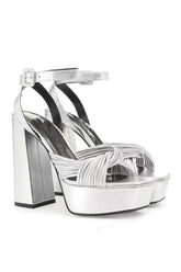Metallic Silver Leather Block Heel Platform Sandals with Ankle Strap