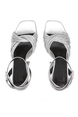 Metallic Silver Leather Block Heel Platform Sandals with Ankle Strap