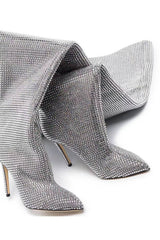 Sparkly Silver Knee High Stiletto High Heel Boots with Rhinestones