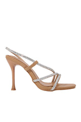 Apricot Rhinestone-Embellished High Heel Sandals