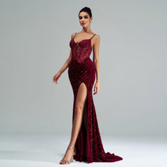 Spaghetti Straps Sequin Slit Maxi Dress
