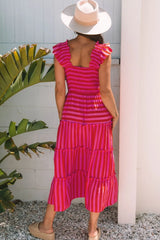 Stripe Flutter Sleeve Smocked Bodice Tiered Maxi Dress