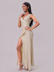 Slit Sequin Surplice Sleeveless Maxi Dress