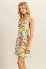 HYFVE Floral Cowl Neck Flirty Satin Mini Dress